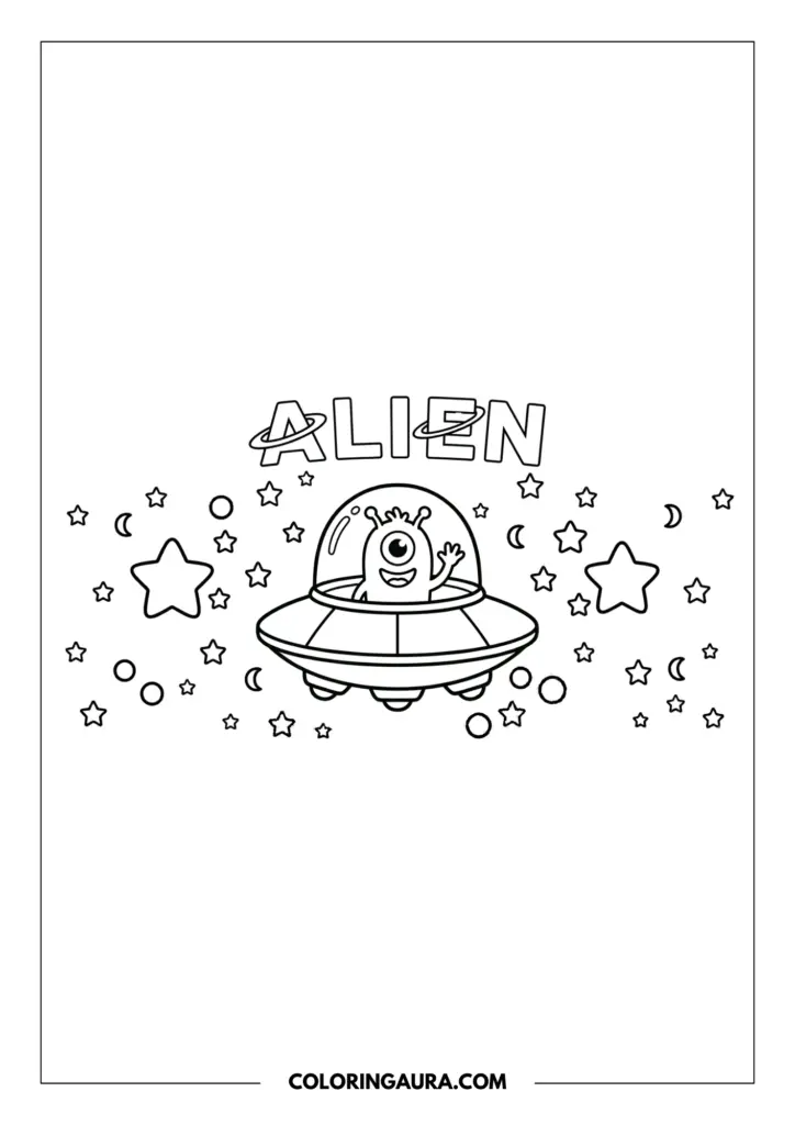 Outline of a friendly one-eyed alien waving from inside a glass-domed UFO flying saucer, surrounded by twinkling stars and cosmic shapes.