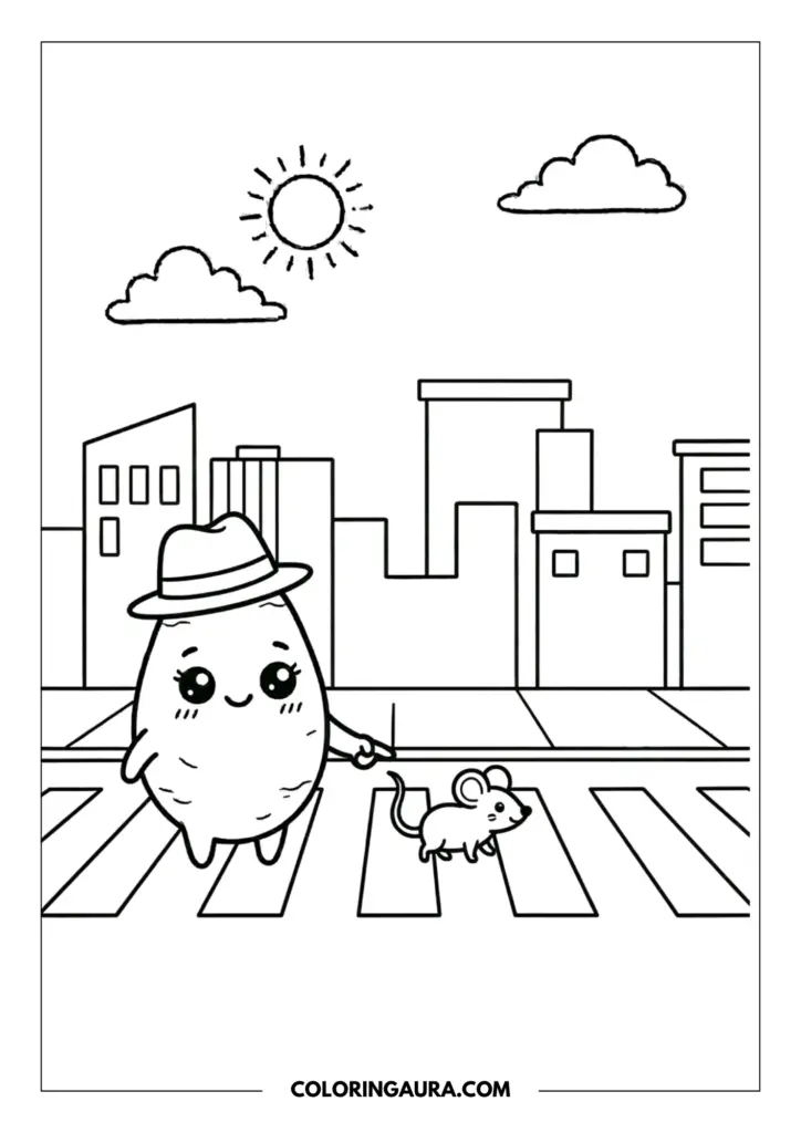 Line art coloring page showing a cute sweet potato with big sparkly kawaii eyes, wearing a fedora hat, holding hands with a small mouse, crossing a city street at a crosswalk. A city skyline, sun, and clouds are in the background.