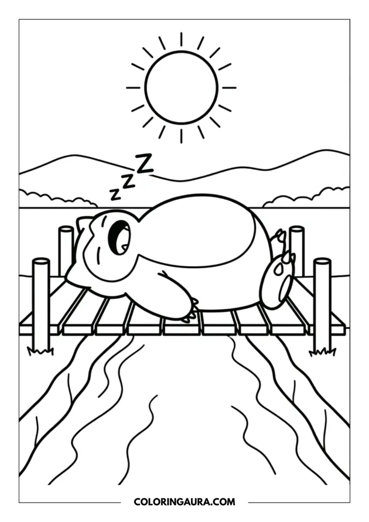 Outline of a large Snorlax sleeping soundly on a wooden bridge over a winding river under a bright, warm shining sun.