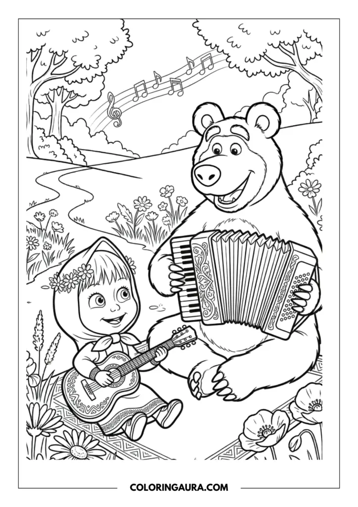 Line art coloring page showing the Bear playing a large accordion while Masha sits nearby playing a small guitar. Musical notes float in the air above them in a meadow filled with summer flowers.