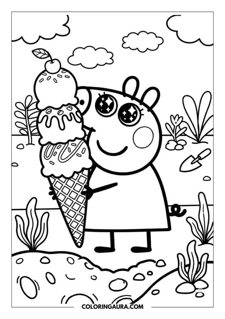 Outline of Peppa Pig with shimmering sparkle eyes holding a massive triple-scoop ice cream cone with a cherry on top in a garden full of light.