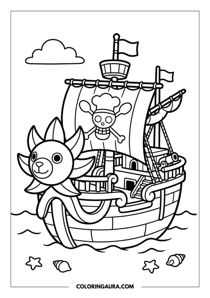 Line art coloring page showing the Thousand Sunny pirate ship with its iconic lion-shaped figurehead, full sails with a jolly roger, and sea shells on the beach.