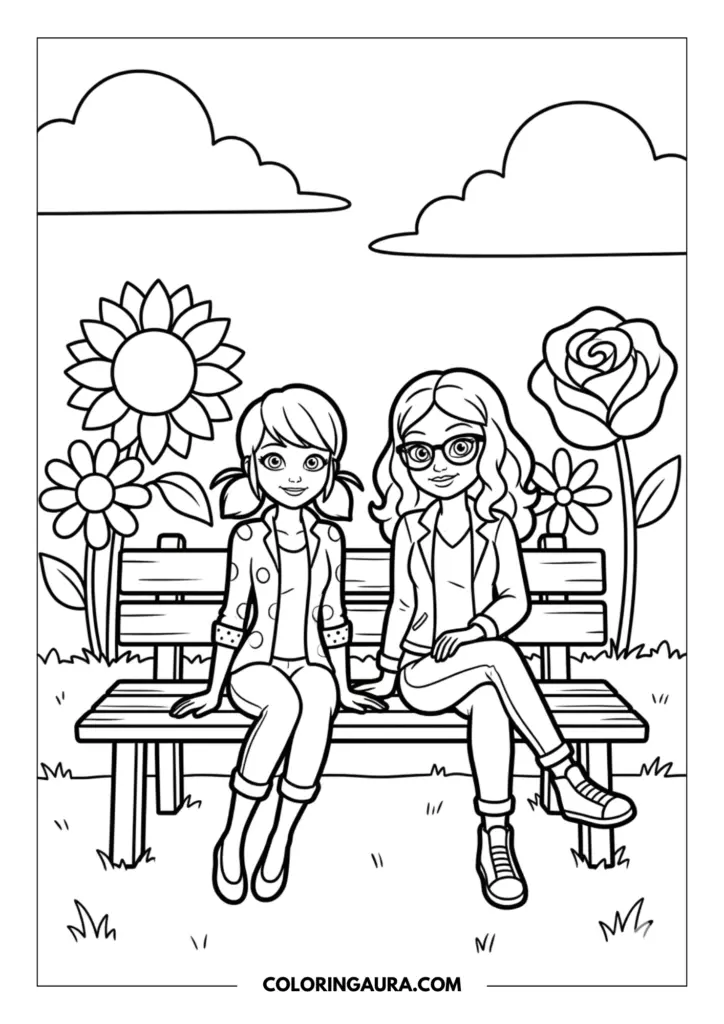 Outline of Marinette and Alya sitting together on a wooden park bench, surrounded by oversized garden flowers like sunflowers and roses.