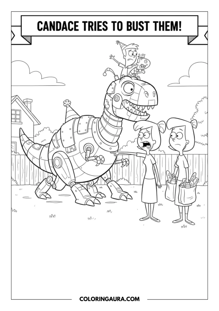 Outline of an older sister frantically pointing at a giant robotic dinosaur while her brother rides on its head, with their mother standing nearby holding grocery bags in a sunny yard.