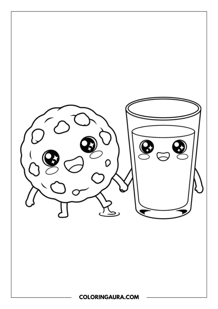 Line art coloring page showing an adorable kawaii chocolate chip cookie holding hands with a sweet glass of milk. They are walking together side-by-side, smiling brightly with big sparkling eyes and tiny happy limbs.