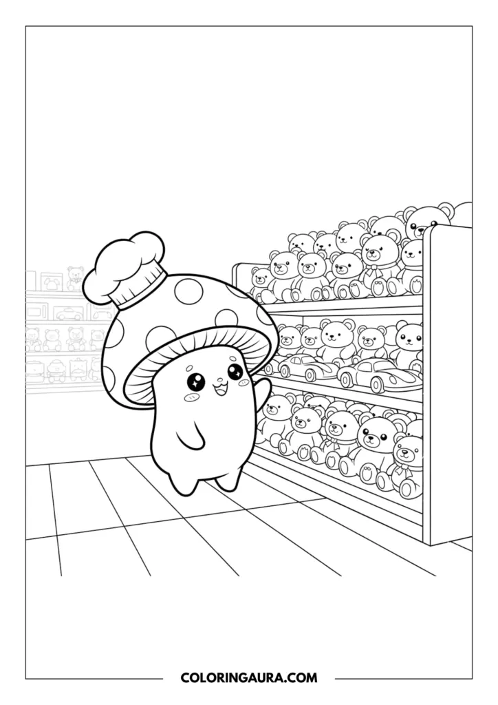 Outline of a cute mushroom character with big sparkle eyes wearing a chef hat, standing happily in a wonderful toy store looking at wooden shelves filled with adorable teddy bears and little toy cars.