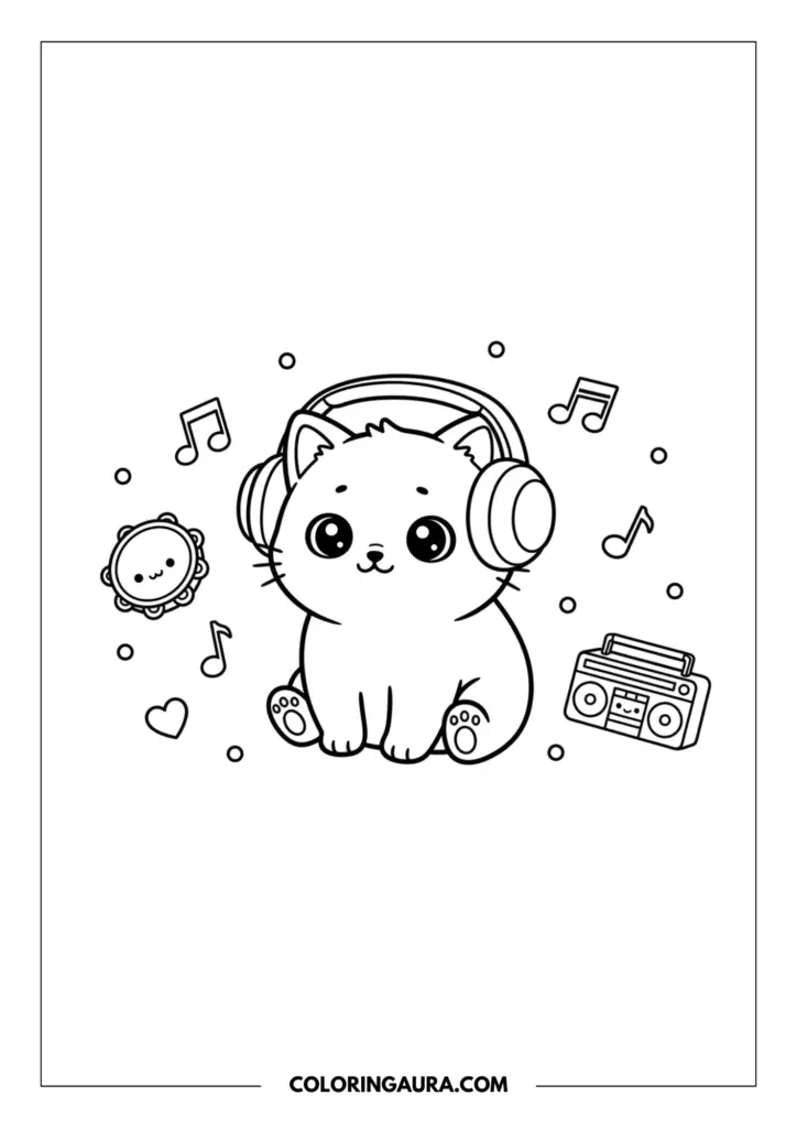 Outline of a joyful little kitten wearing large headphones and listening to music. The dreamy scene includes floating music notes, a cute boombox, and a smiling tambourine, all created with thick black lines perfect for simple coloring.