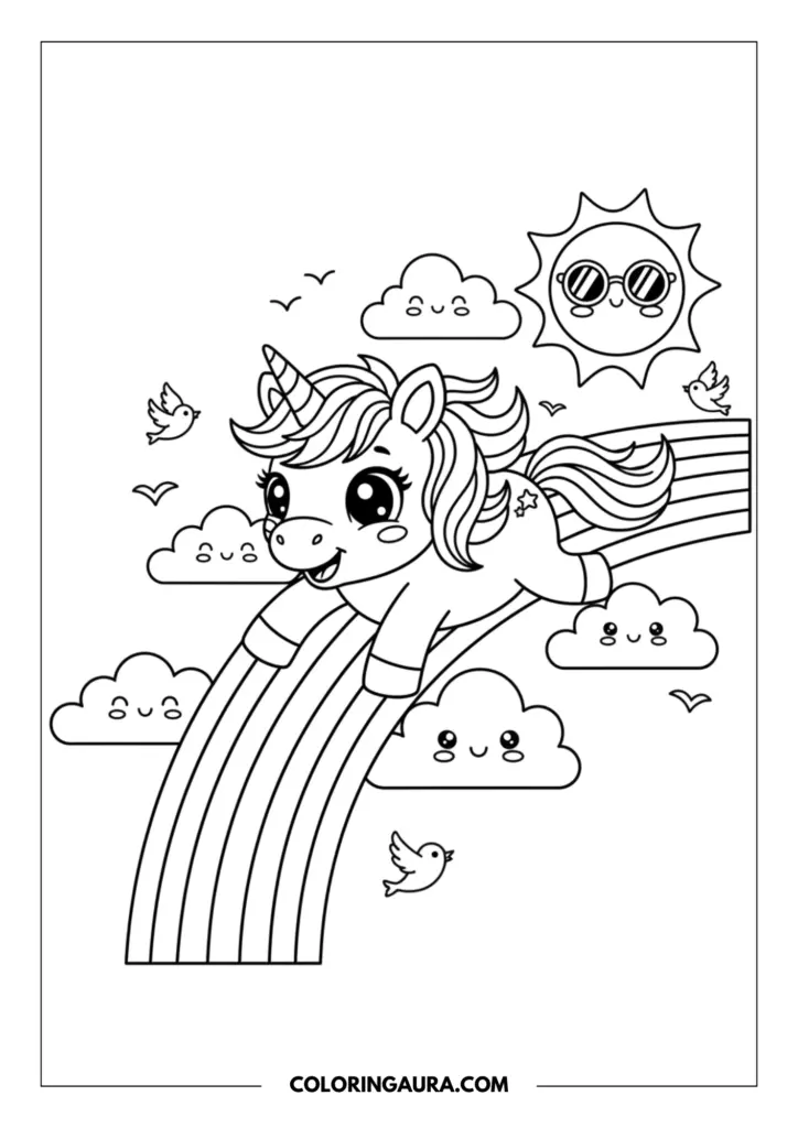 Outline of a joyful baby unicorn with big sparkly eyes happily sliding down a giant rainbow. The sky is filled with sweet details including cute little flying birds, happy smiling clouds, and a cool sun wearing sunglasses, all drawn in clean, simple lines.