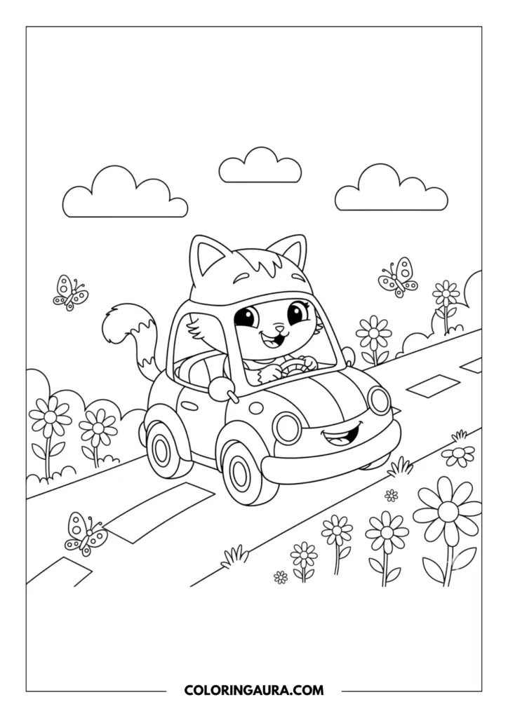Line art coloring page showing Carlita the half-car, half-cat character from Gabby's Dollhouse driving cheerfully along a sunny road. The charming scene features simple daisies, lovely fluttering butterflies, and fluffy clouds, offering a delightful space to express your creativity.