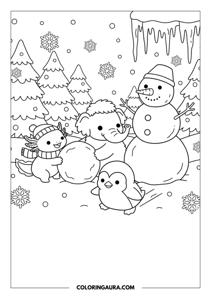 Line art coloring page showing a cute axolotl wearing a striped scarf and winter hat, rolling a large snowball with a fluffy baby mammoth. A happy little penguin slides on its belly in the snow beside a tall, smiling snowman. The wintery background features snowy pine trees, falling snowflakes, and giant icicles hanging from above. Clean, thick outlines in a simple kawaii style.