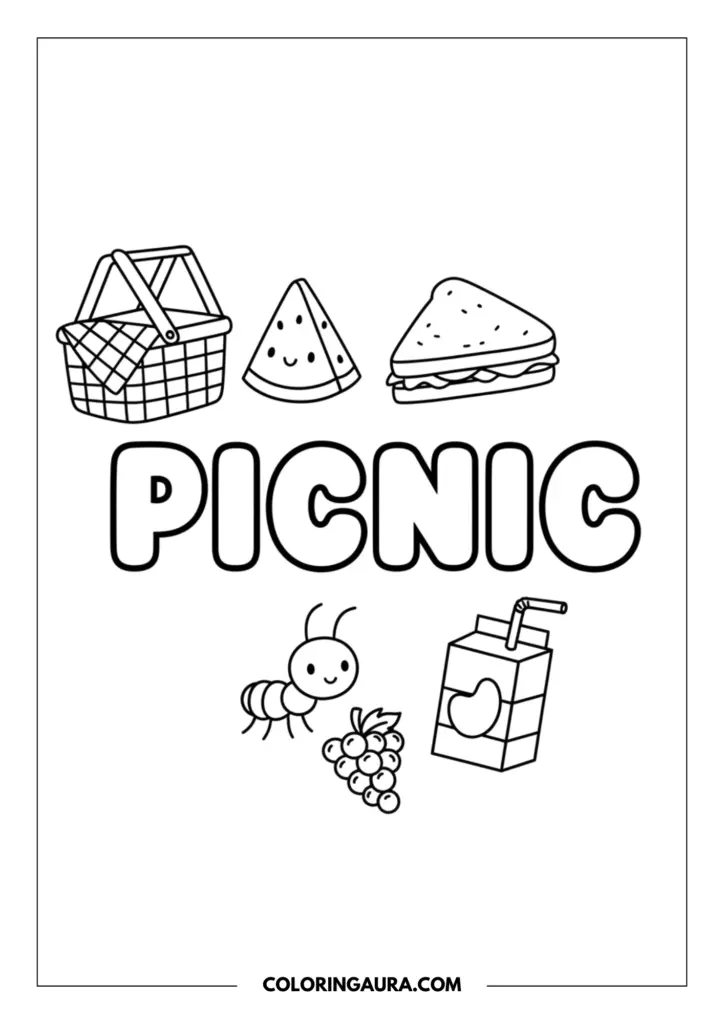 Line art coloring page showing a delightful picnic doodle collage. The word "PICNIC" is centered in thick bubble letters, surrounded by cute outlines of a woven picnic basket, a smiling watermelon slice, a sandwich, a happy little ant, a bunch of grapes, and a juice box.