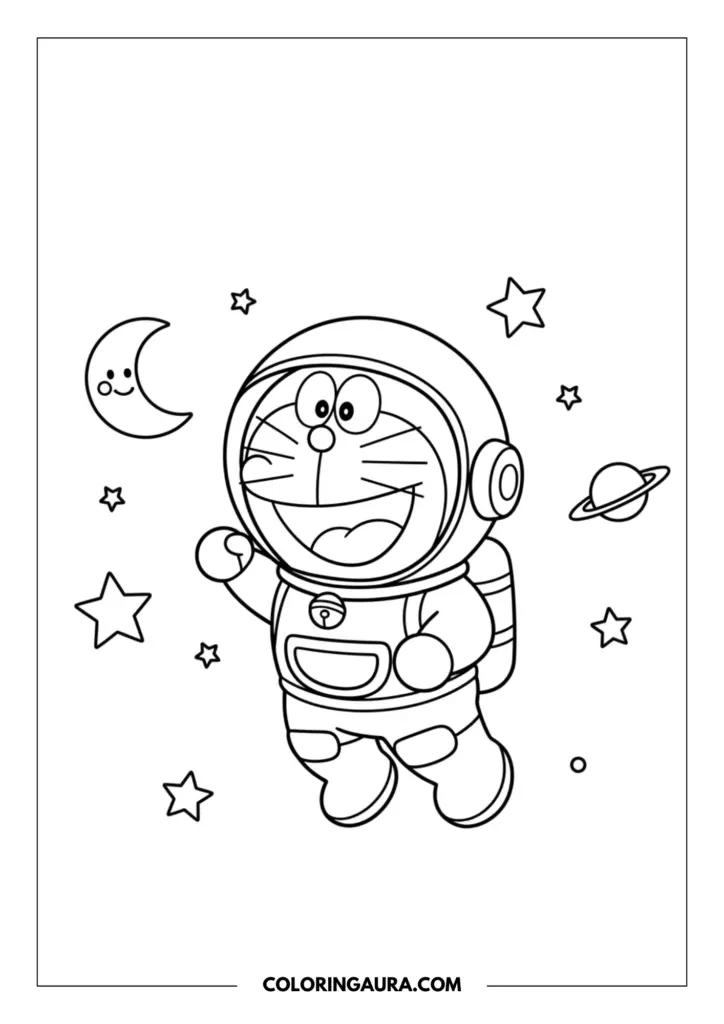 Outline of Doraemon dressed as a brave astronaut exploring outer space. He is wearing a round space helmet and floating happily, surrounded by gently twinkling stars, a smiling crescent moon, and a little ringed planet. Crisp, unshaded line art perfect for mindful coloring.