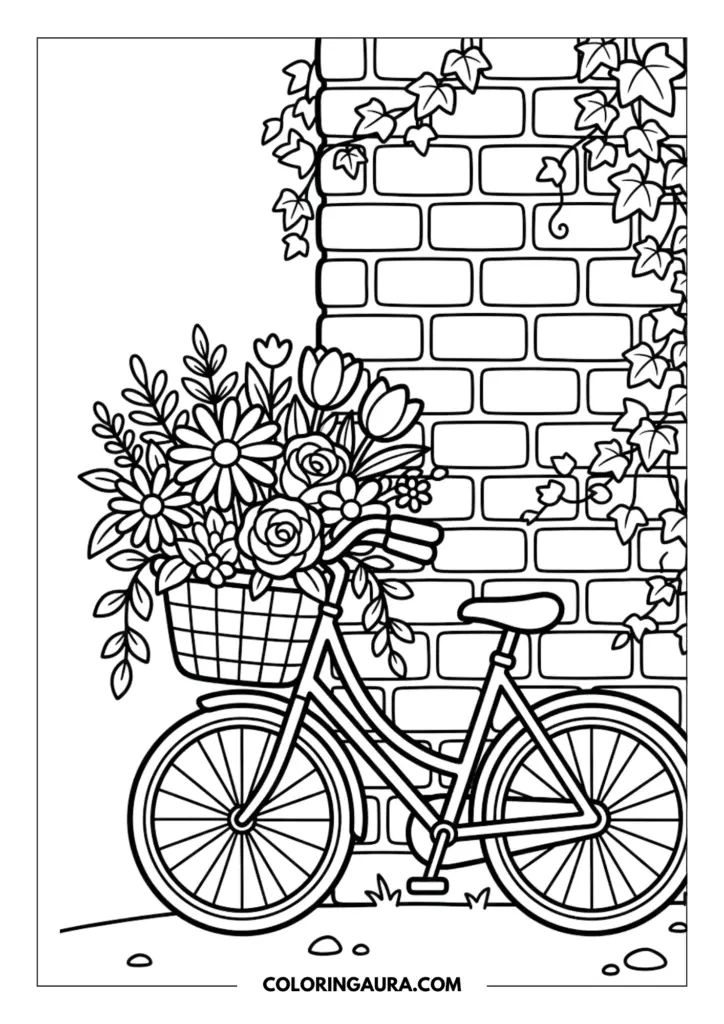 Line art coloring page showing a vintage bicycle with a basket full of roses and daisies leaning against a brick wall covered in cascading ivy.
