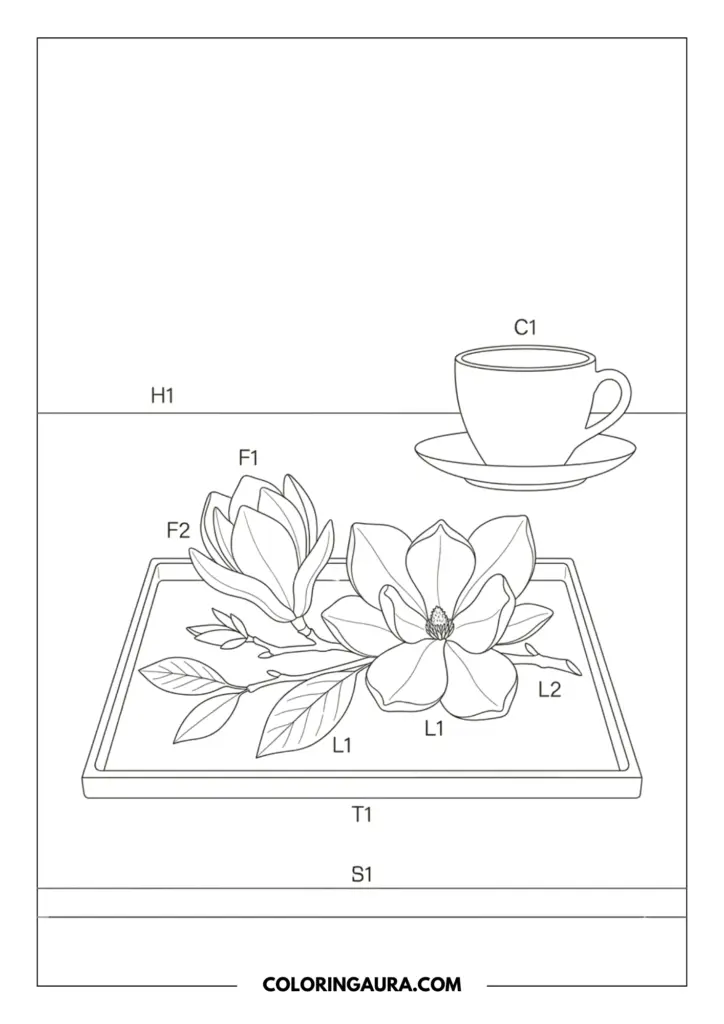 Outline of two large magnolia blossoms on a flat rectangular tray placed next to a steaming coffee cup and saucer in a cozy morning setting.