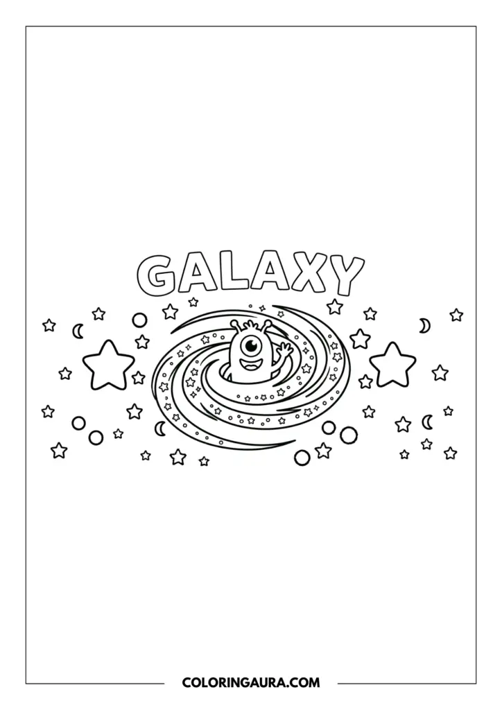 Line art coloring page showing a beautiful spiral galaxy with a cute one-eyed alien waving from the center, surrounded by stars and crescent moons.