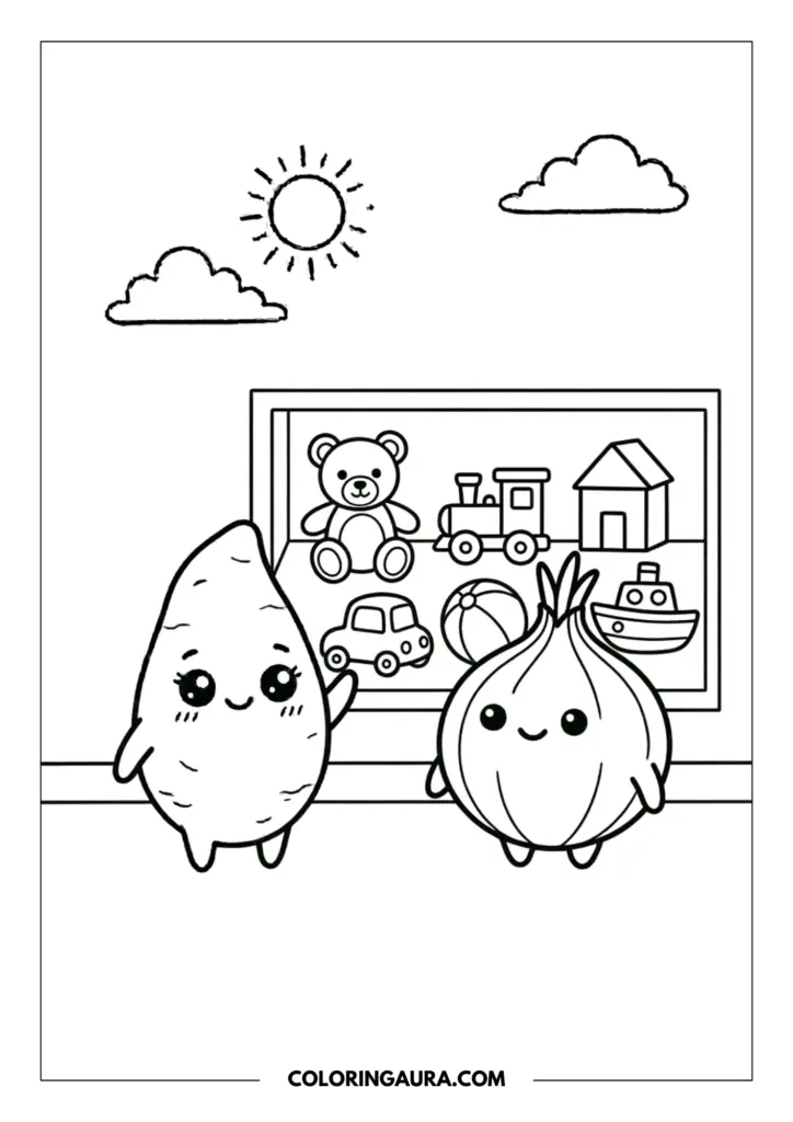Line art coloring page showing a cute sweet potato with big sparkly kawaii eyes, and an onion friend, looking at toys in a shop window. The window displays a teddy bear, train, car, ball, and boat, with a sun and clouds above.