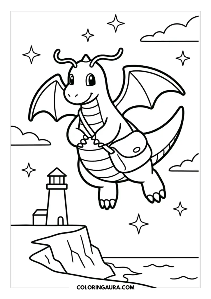 Line art coloring page showing Dragonite flying through a starry sky wearing a messenger bag over a lighthouse perched on a rocky cliff.