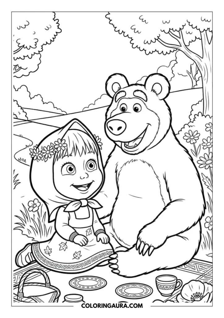 Masha and Bear Picnic Coloring Page.
