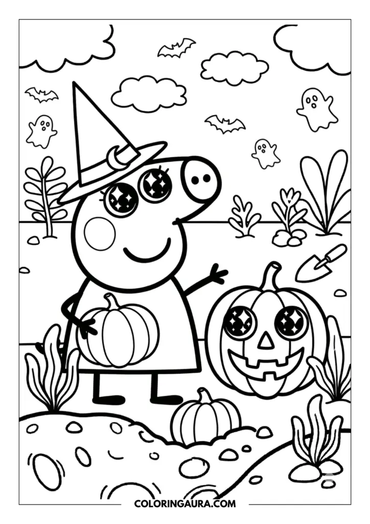 Line art coloring page showing Peppa Pig dressed as a cute witch with a pointed hat, standing among glowing pumpkins, flying bats, and friendly ghosts.