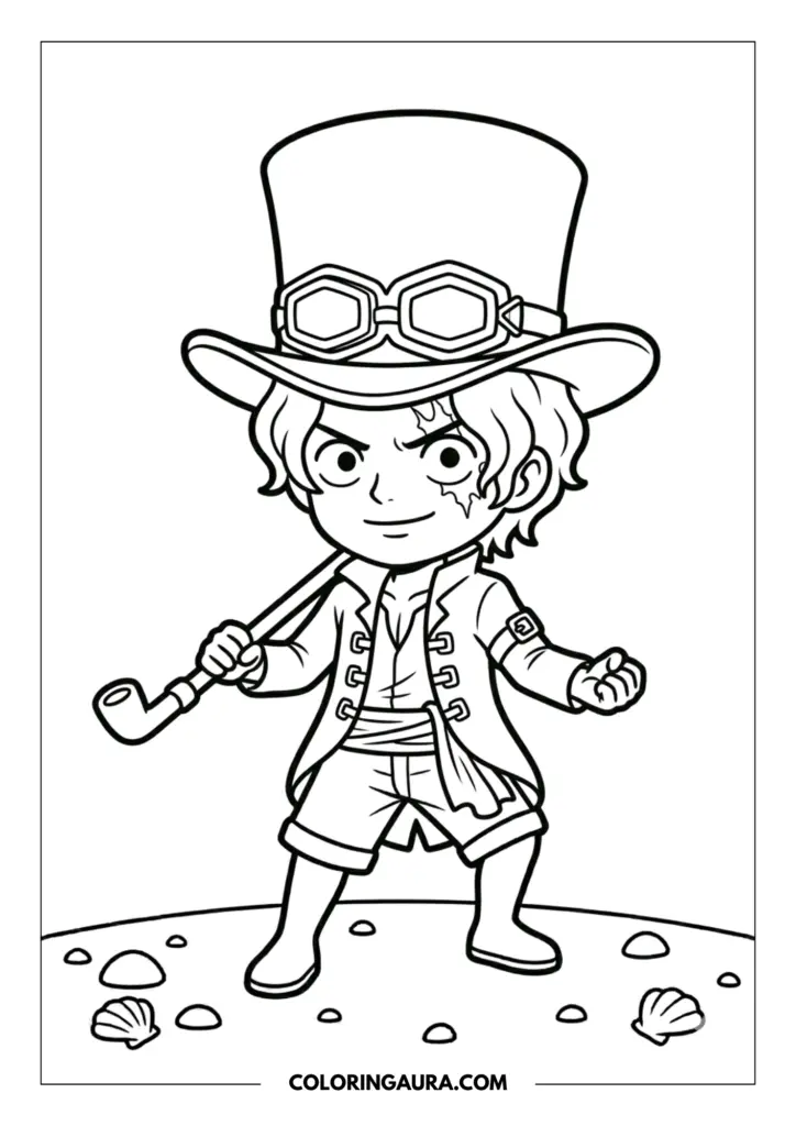 Outline of a chibi Sabo wearing his signature top hat with goggles and a cravat, holding a pipe while standing on a shell-covered beach under a bright sun.