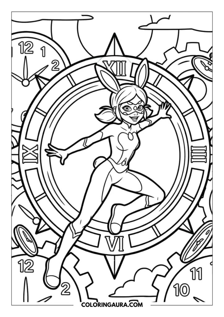 Line art coloring page showing Bunnix jumping through a giant clock portal, surrounded by floating gears and smaller clock faces in a dreamy sky.