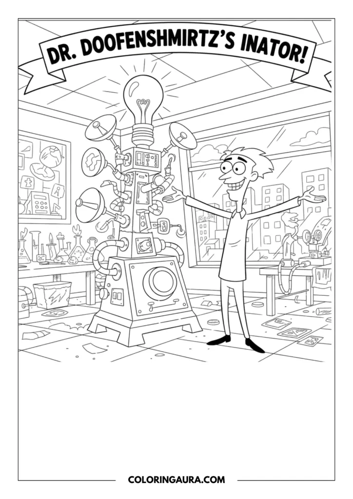 Line art coloring page showing a quirky cartoon scientist proudly presenting his newest invention, a complicated machine with a giant lightbulb and radar dishes, inside his messy high-rise laboratory.