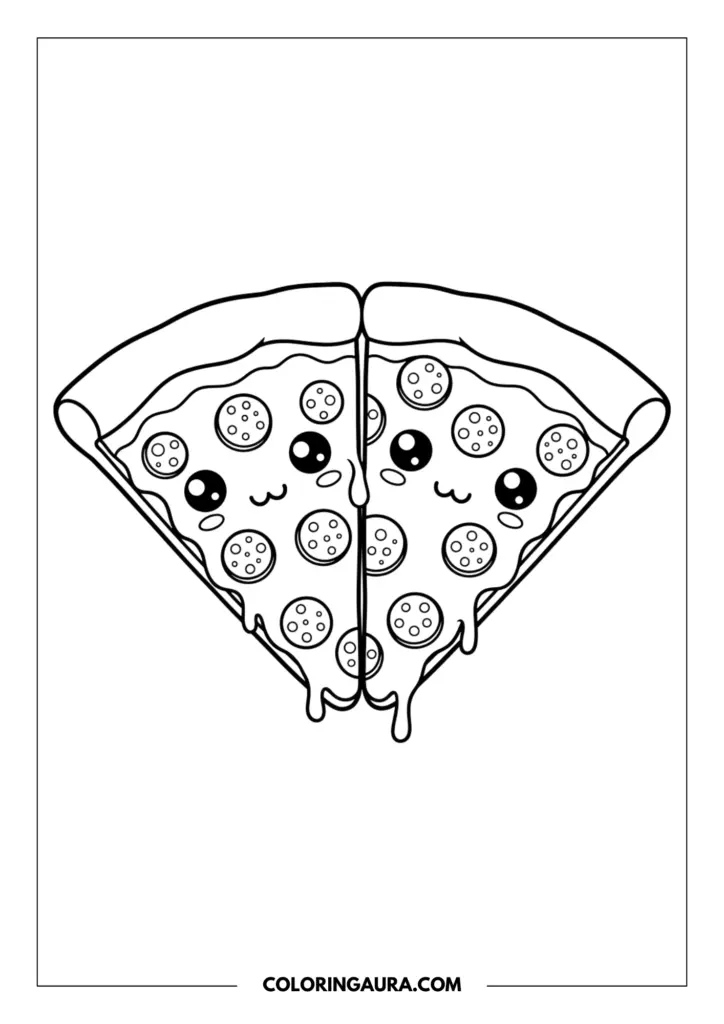 Outline of two adorable kawaii pizza slices side-by-side, sharing a gooey, melty cheese pull. Both feature sweet smiling faces with big sparkling anime-style eyes, blushing cheeks, and perfectly round pepperoni slices.