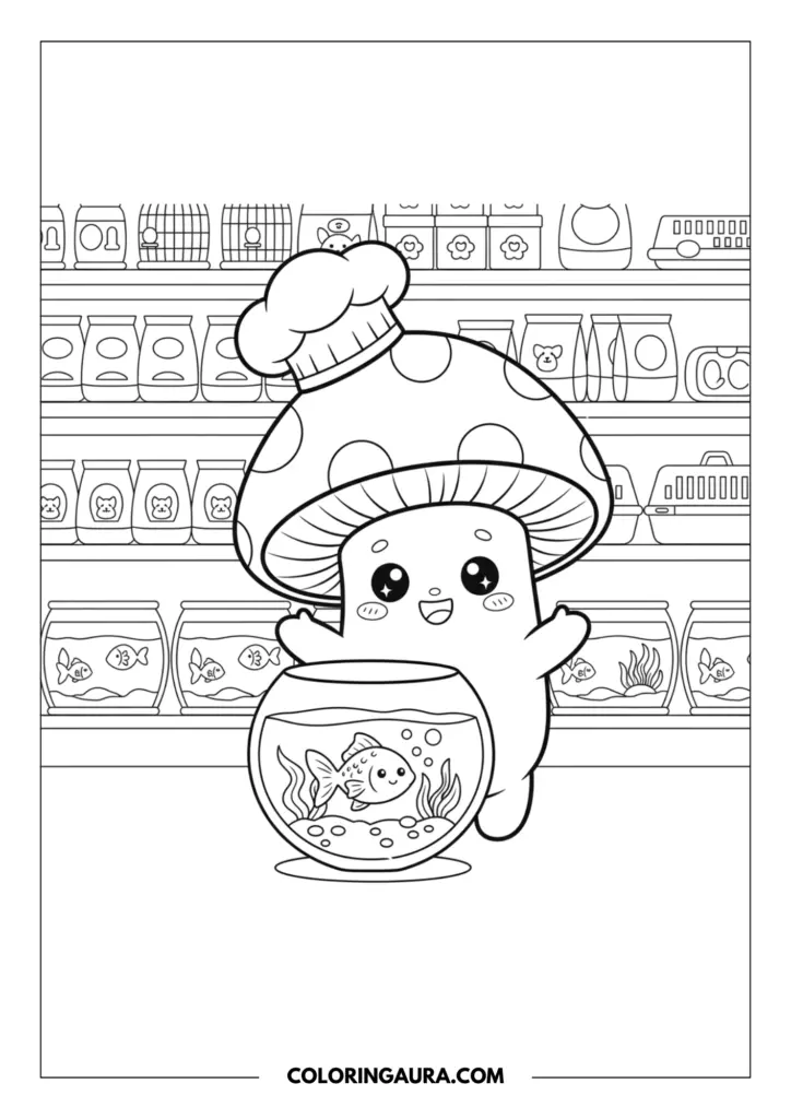 Line art coloring page showing a cute mushroom character with big sparkle eyes wearing a chef hat, smiling happily with open arms at a tiny swimming fish inside a round fishbowl at a lovely pet shop.