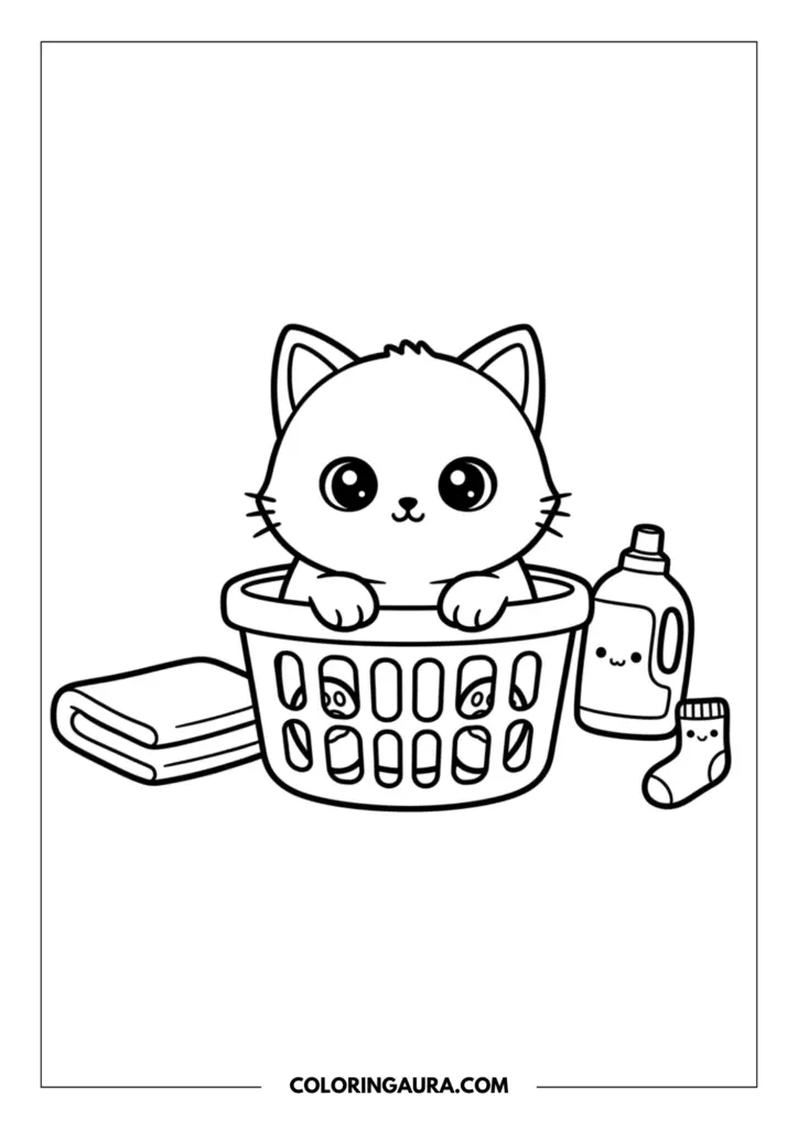 Line art coloring page showing a playful little kitten sitting inside a woven laundry basket. Next to the basket are a neatly folded towel, a bottle of detergent with a cute face, and a smiling little sock, featuring thick and easy-to-color outlines.