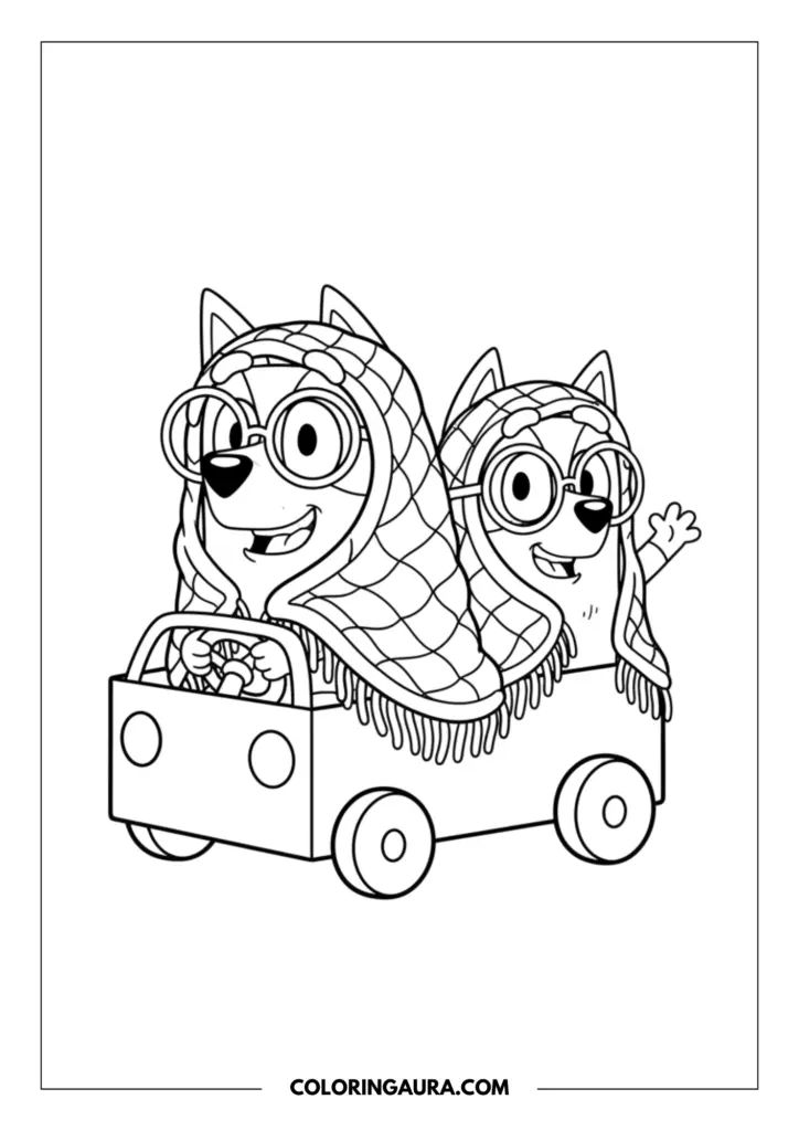 Outline of Bluey and Bingo dressed up as the silly grannies, wearing large round glasses and cozy blankets over their heads while driving a small toy car. This charming, unshaded illustration is a beautiful invitation to let your imagination wander.