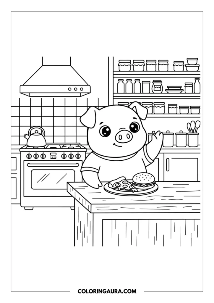 Line art coloring page showing a healthy cartoon pig holding up a hand to politely refuse a plate holding a slice of pizza and a burger. The proud pig is standing at a wooden counter in a cozy kitchen with a stove, a tea kettle, and neatly organized shelves filled with jars.