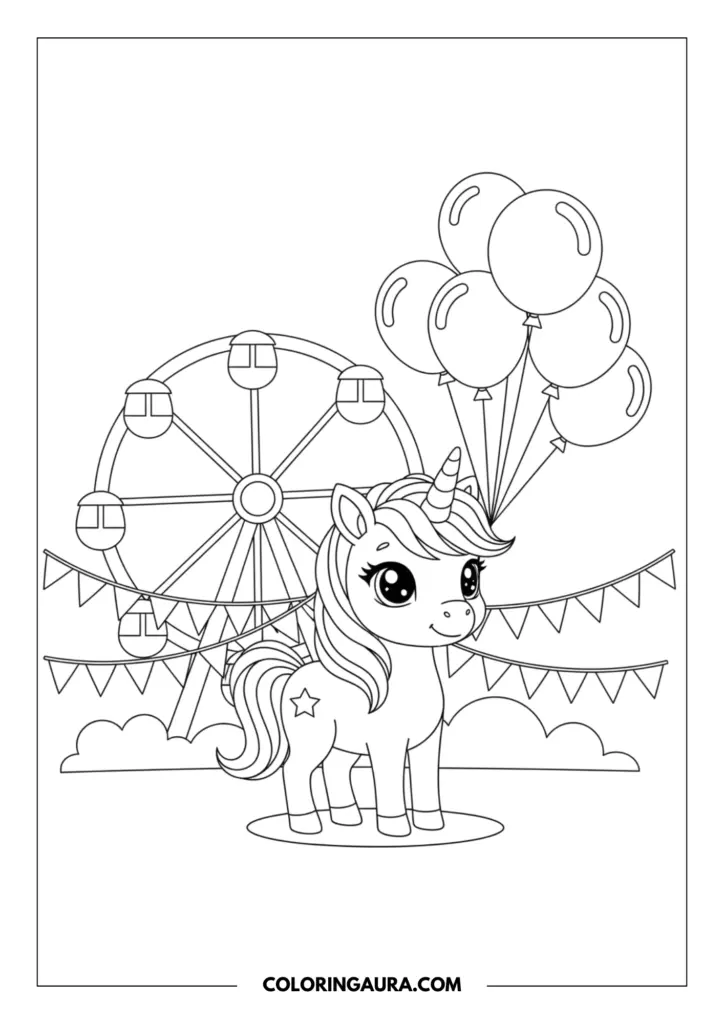 Line art coloring page showing a cute baby unicorn with big sparkly eyes holding a large bunch of balloons at a fun fairground. The cheerful background features a classic Ferris wheel, hanging bunting flags, and fluffy clouds in crisp black-and-white outlines.