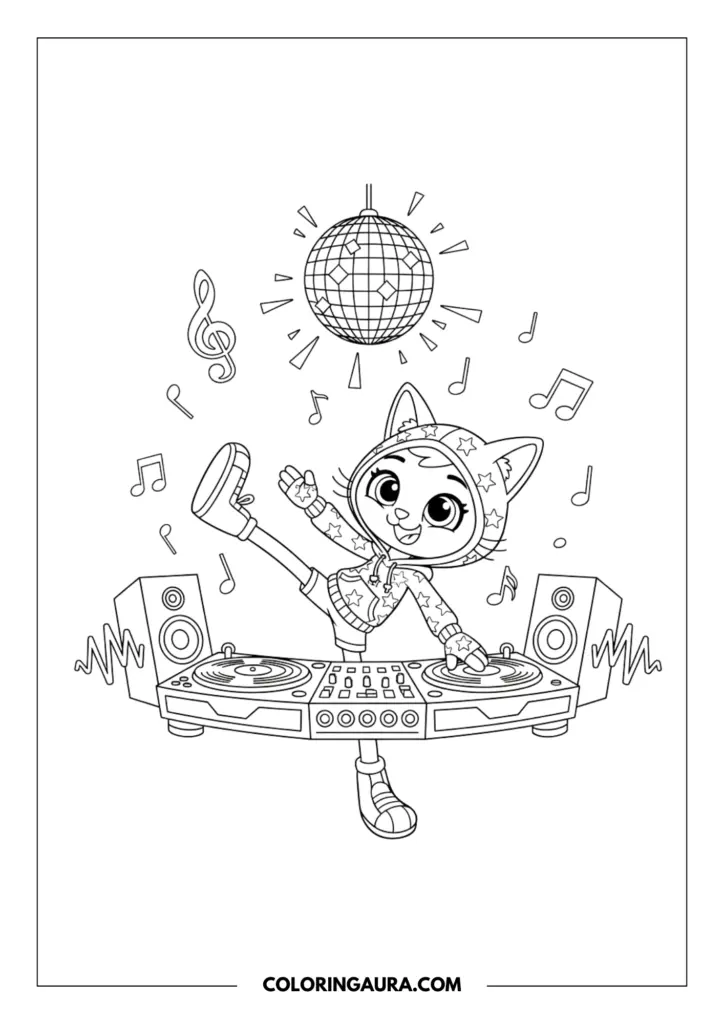 Line art coloring page showing DJ Catnip from Gabby's Dollhouse spinning records on his DJ turntable. He is striking a cool, joyful pose under a sparkling disco ball, surrounded by floating musical notes, inviting you to add your own vibrant rhythm and light.