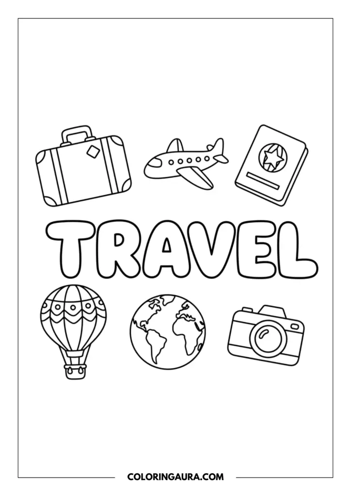 Outline of an inspiring travel doodle collage. The word "TRAVEL" sits in the middle in bold bubble letters, surrounded by simple line art of a classic suitcase, a soaring airplane, a star-stamped passport, a patterned hot air balloon, a world globe, and a camera.