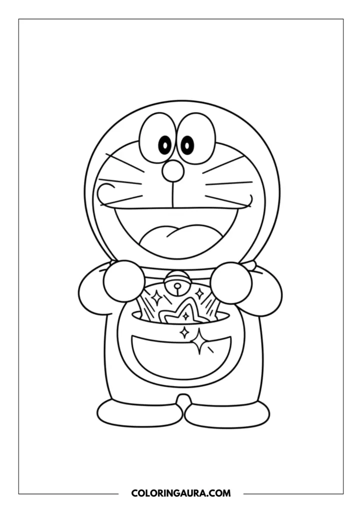Outline of Doraemon reaching into his magical 4D half-moon pocket and pulling out a wondrous glowing star gadget. His eyes are wide with joy in this clean, continuous black-and-white line art, offering a quiet, pure canvas for your radiant creativity.