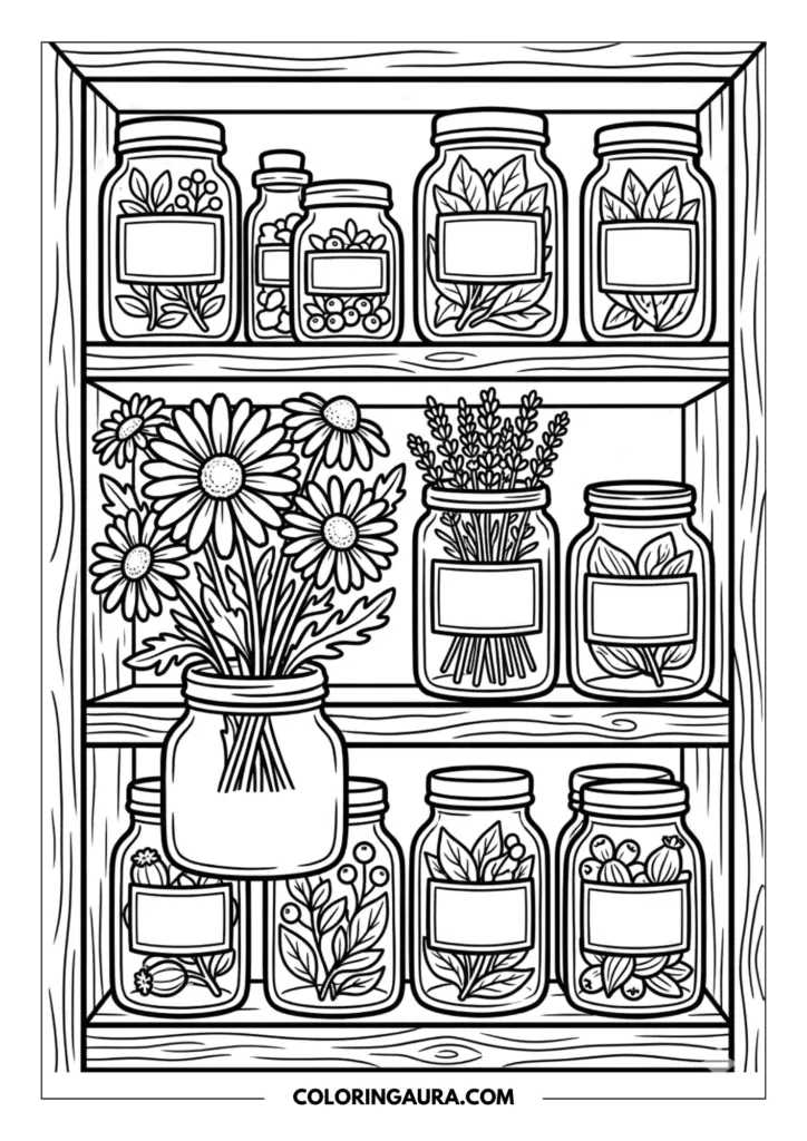 Outline of wooden apothecary shelves stacked with glass jars containing various dried herbs, berries, and a fresh bouquet of daisies and lavender.