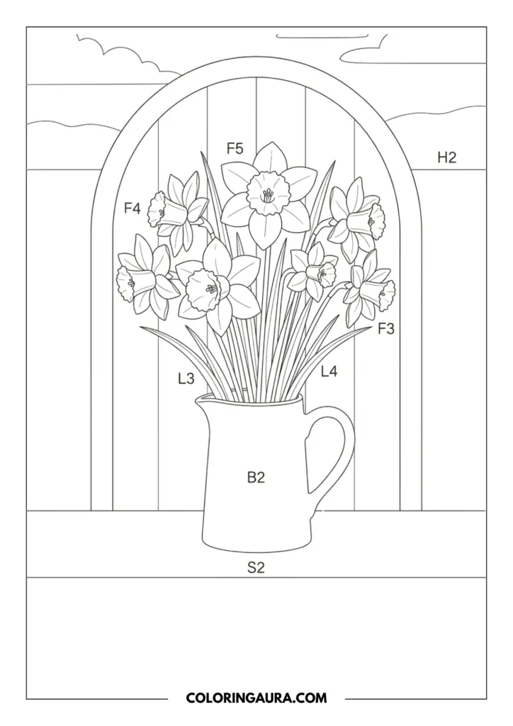 Line art coloring page showing a cheerful bouquet of daffodils with their trumpeted centers and pointed petals in a simple water pitcher, set against an arched window with a rolling landscape background.