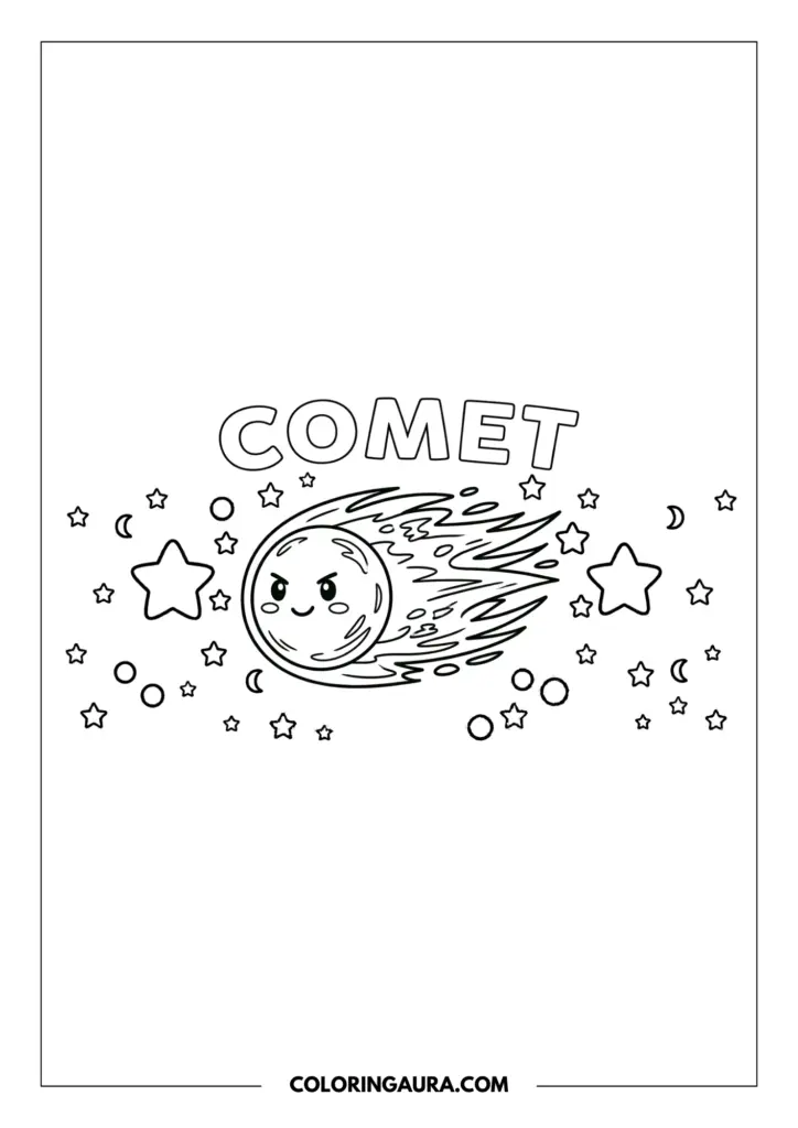Line art coloring page showing a brave little comet with a trailing tail of fire and a determined face, flying through a cosmic sky filled with stars and crescent moons.