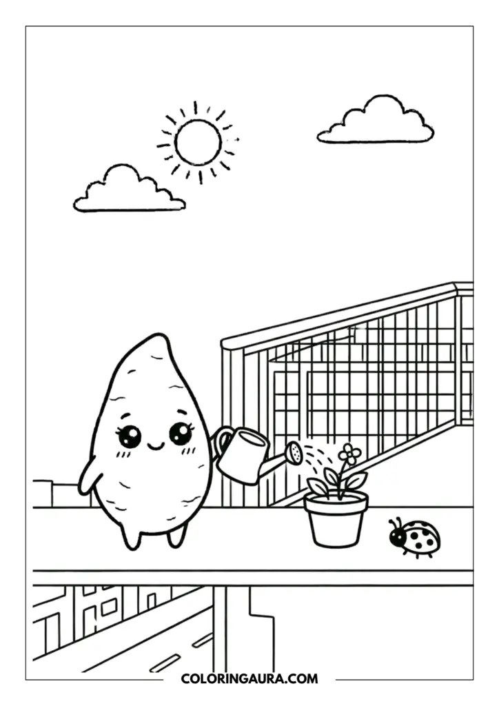 Line art coloring page showing a cute sweet potato with big sparkly kawaii eyes, watering a potted plant on a city balcony. A ladybug sits nearby, with a street and buildings visible below, under a sun and clouds.