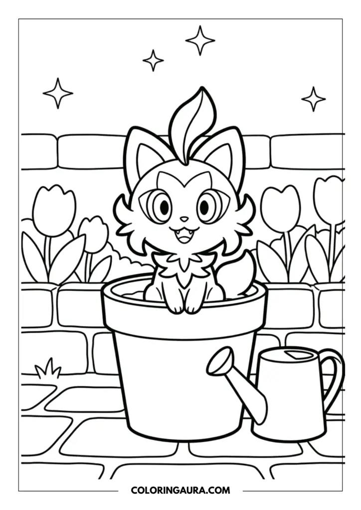 Line art coloring page showing Sprigatito sitting happily inside a terracotta flower pot in a garden with tulips, a brick wall, and a small watering can.