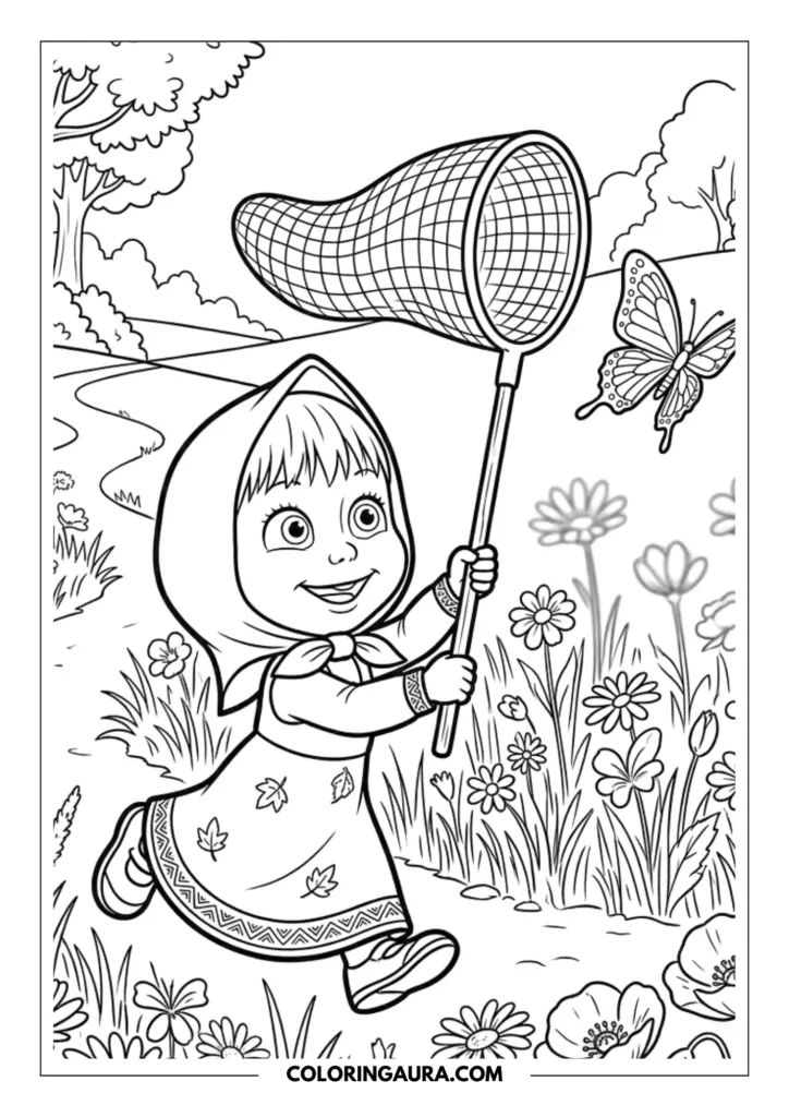 Outline of Masha running happily through a field of tall flowers, reaching up with a large net to catch a fluttering butterfly. A winding path and soft forest trees are visible in the background.