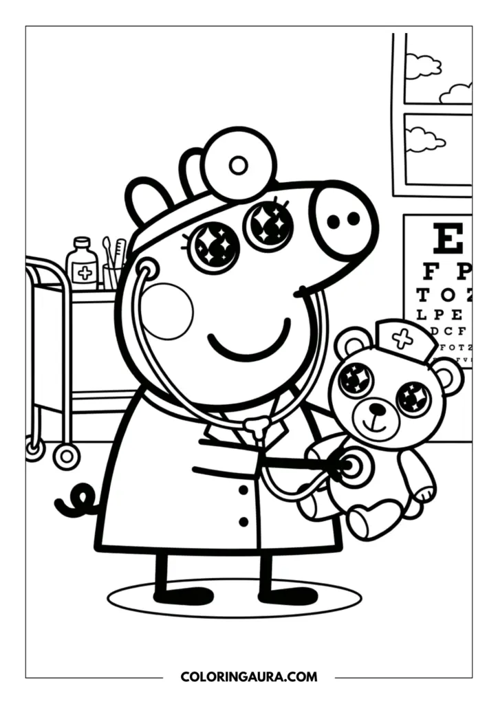 Line art coloring page showing Peppa Pig dressed as a doctor with shimmering eyes, using a stethoscope to check her Teddy bear's heartbeat in a cozy medical clinic.