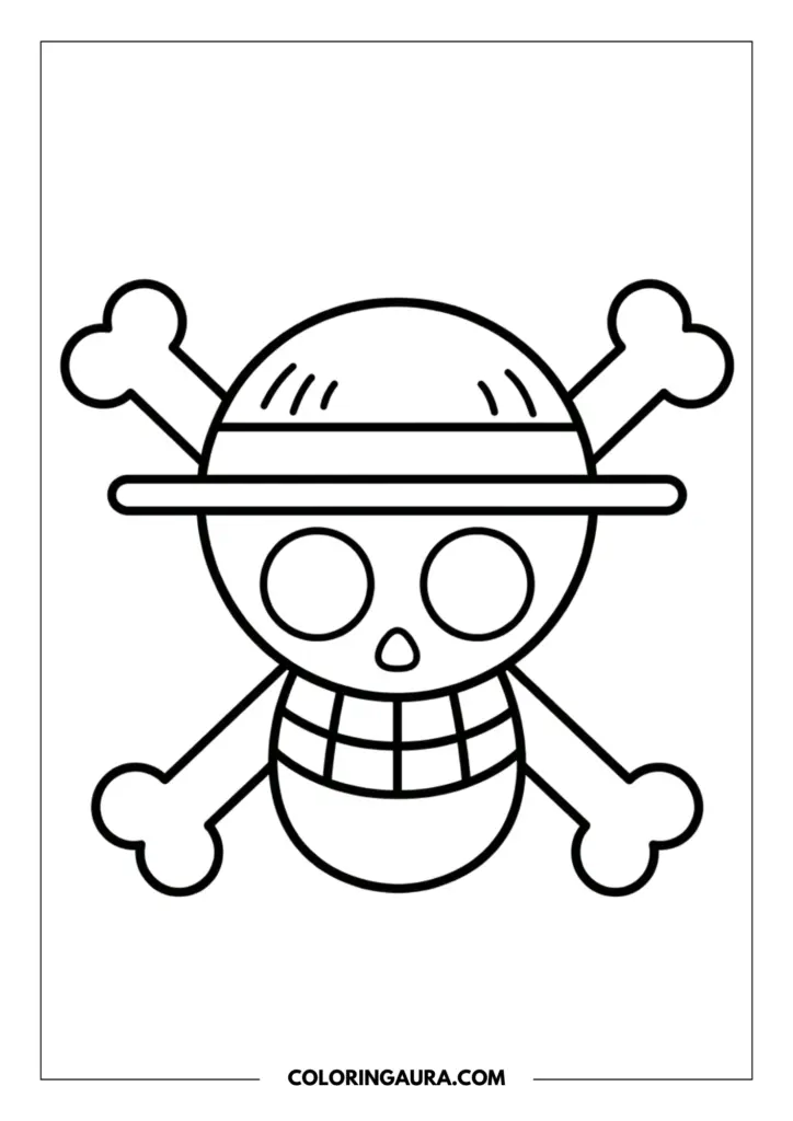 Line art coloring page showing the Straw Hat Pirates logo, featuring a smiling skull wearing a wide-brimmed straw hat over two crossed bones.