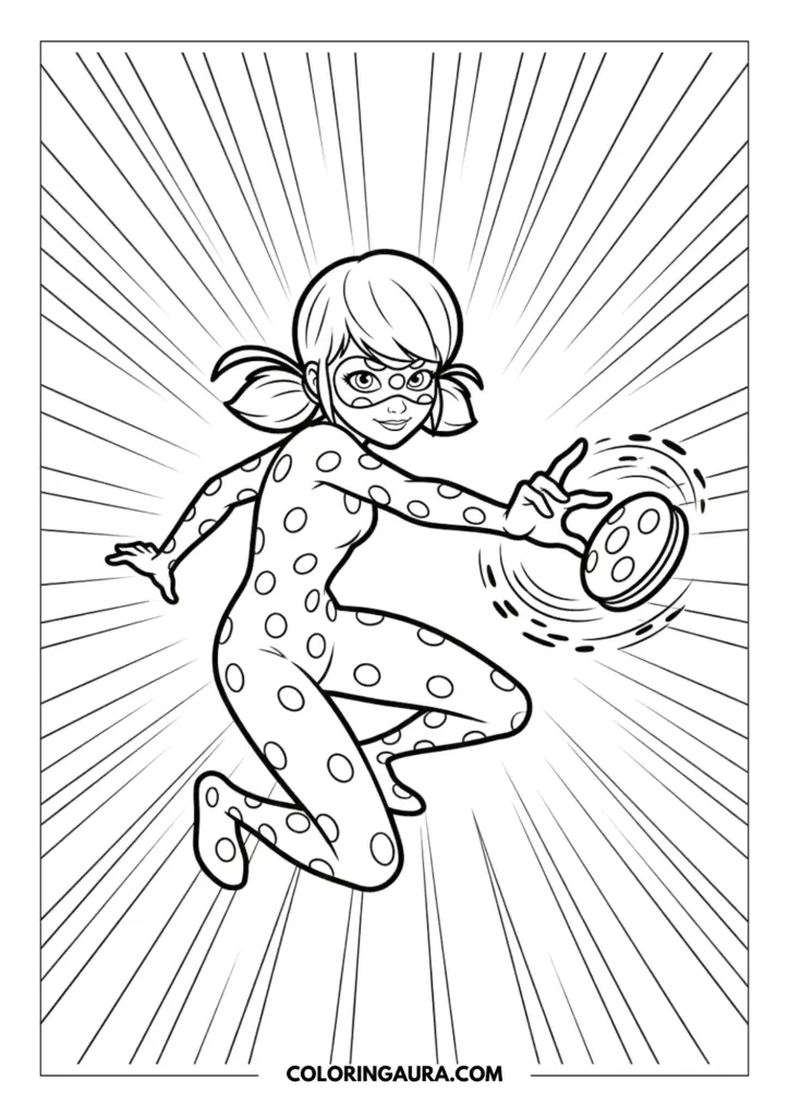 Outline of Ladybug leaping forward with her yo-yo spinning in her hand, set against a background of dynamic action lines that radiate from the center.