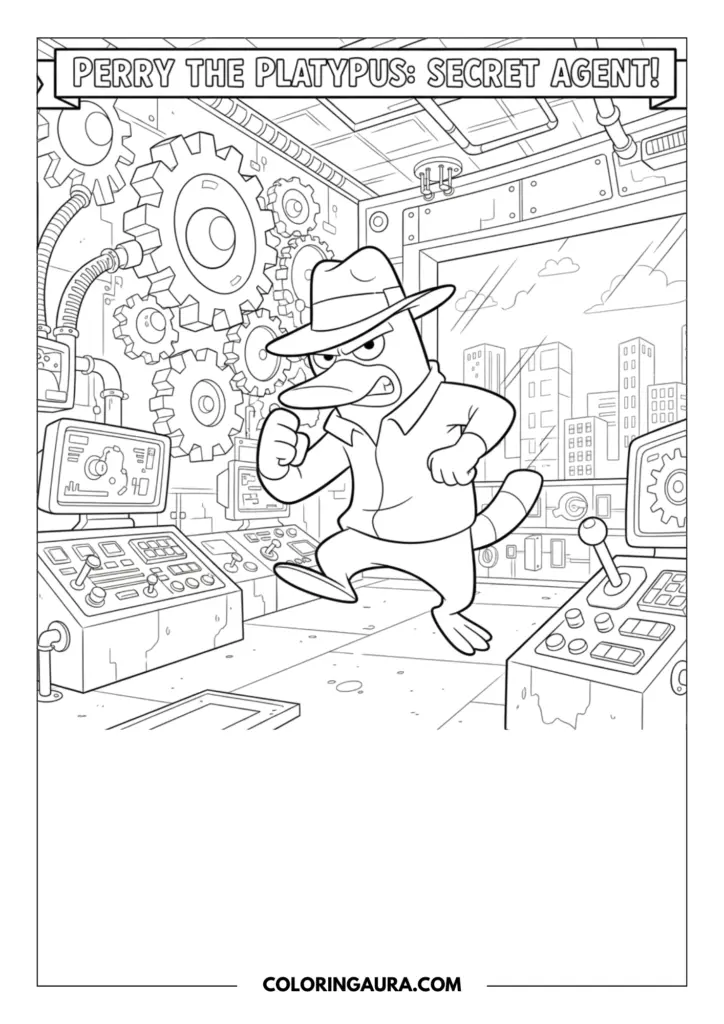 Outline of a brave platypus wearing a detective fedora hat, striking a heroic spy pose inside a secret underground headquarters filled with massive gears, computer screens, and high-tech control panels.