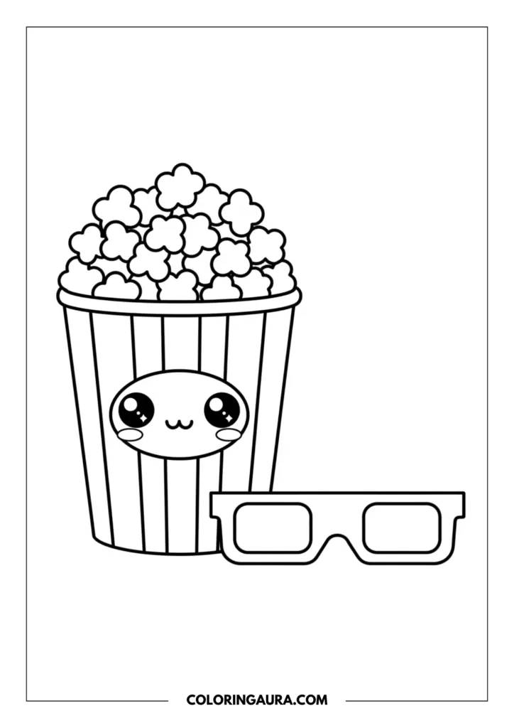 Line art coloring page showing a dreamy, striped popcorn bucket overflowing with fluffy popcorn. The bucket has a sweet kawaii face with sparkling eyes and blushing cheeks, sitting perfectly next to a pair of 3D movie glasses.