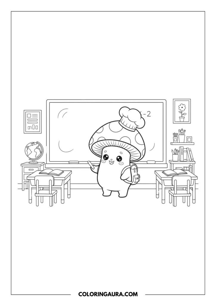 Line art coloring page showing a cute mushroom character wearing a chef hat and a little backpack, happily teaching in a classroom. It stands in front of a chalkboard holding a piece of chalk, surrounded by cute school desks, books, and a globe.