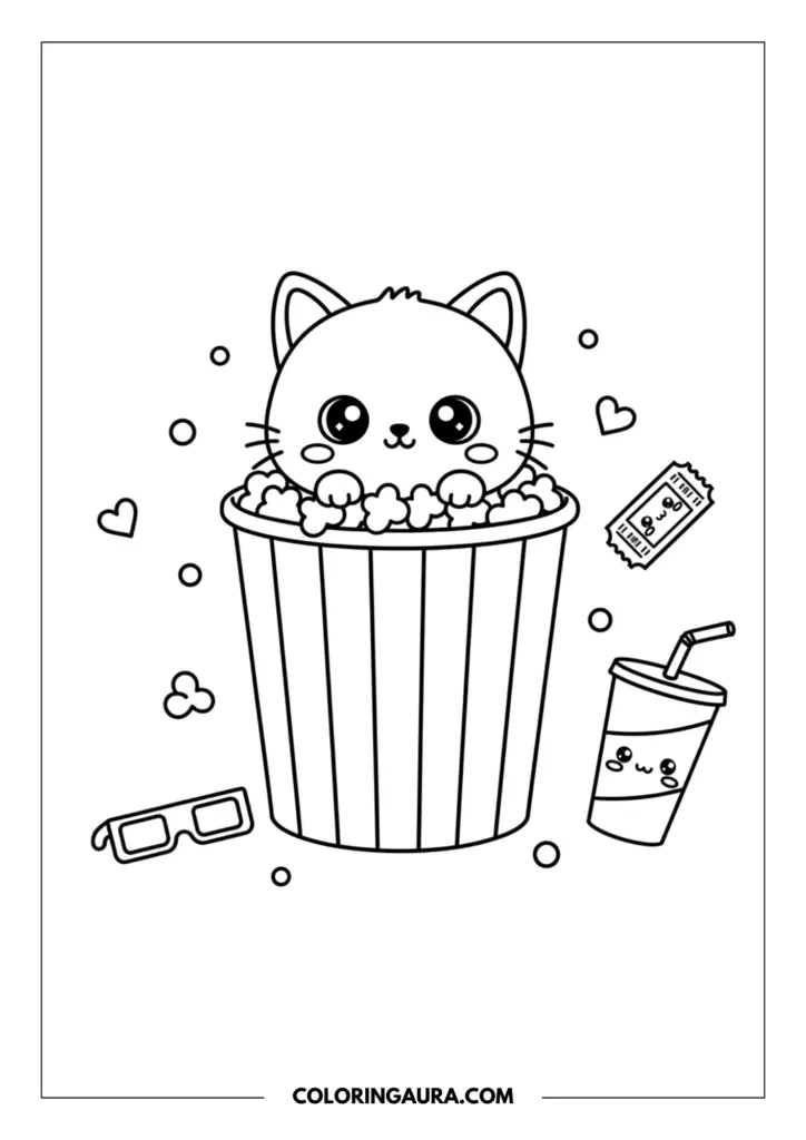Outline of an adorable kitten popping out of a large striped popcorn bucket. The fun movie-themed drawing includes 3D glasses, a smiling soda cup, and a cinema ticket, created with thick, clean lines perfect for kids.