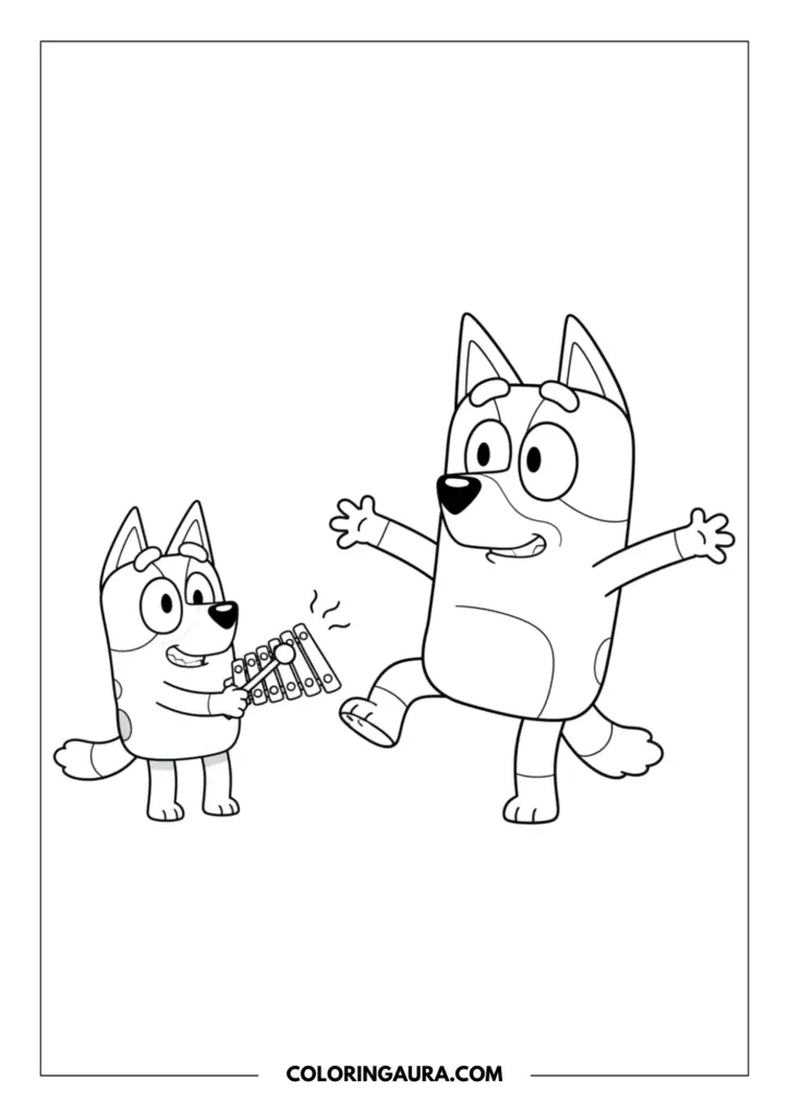 Line art coloring page showing little Bluey holding her magic xylophone while her dad, Bandit, is frozen mid-step in a funny pose. The crisp, unshaded drawing captures a magical playtime moment just waiting for your warm, glowing colors.