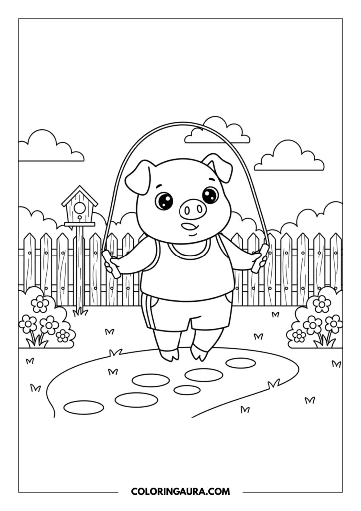 Line art coloring page showing a happy cartoon pig jumping rope in a beautiful outdoor garden. The active pig is wearing a comfortable tank top and shorts, surrounded by a wooden fence, blooming flowers, a cute birdhouse on a post, and fluffy clouds in the sky.